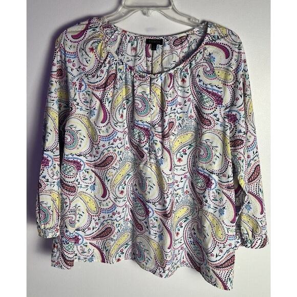 Talbots White pink paisley Floral Loose Popover Blouse 100% Cotton Sz Large - Picture 1 of 7